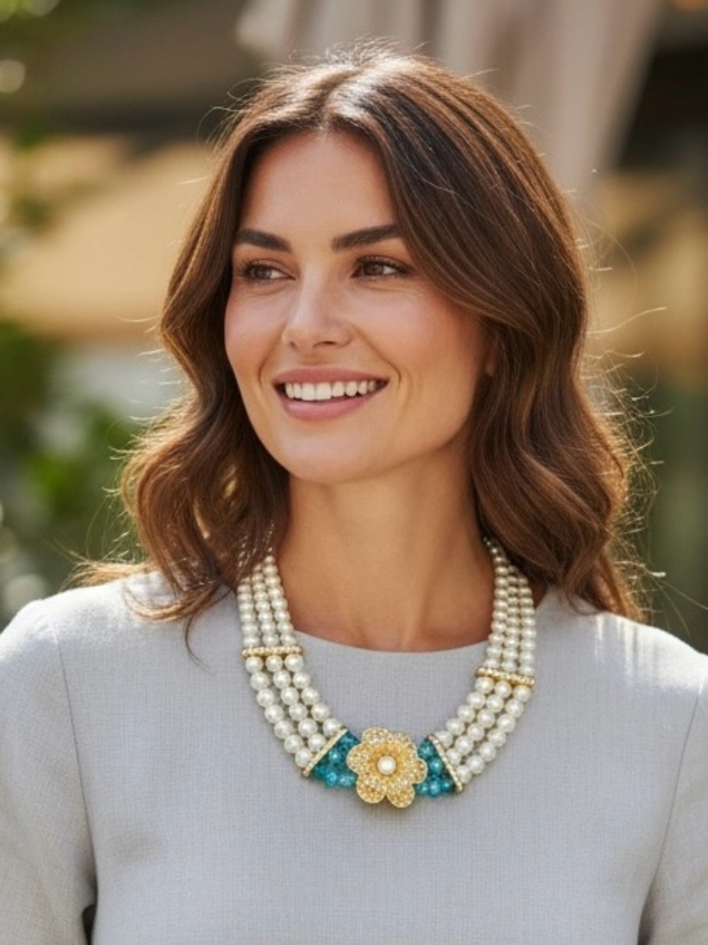 Multi-strand Faux Pearl Beaded Choker Necklace Gold-tone and Rhinestone Flower